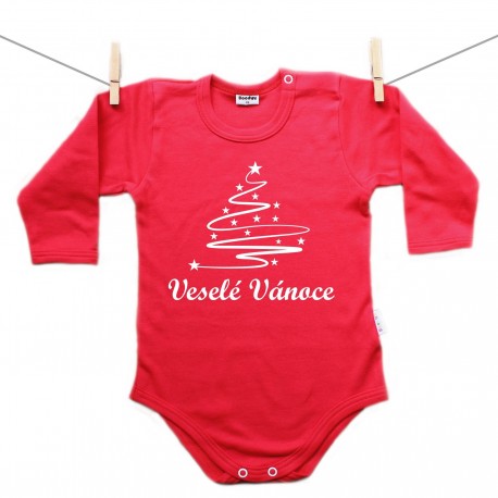 Červené body s dlouhým rukávem Veselé Vánoce se stromečkem