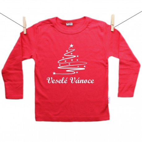 Červené tričko s dlouhým rukávem Veselé Vánoce se stromečkem
