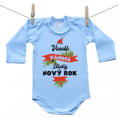 Modré body s dlouhým rukávem Veselé Vánoce a Šťastný Nový rok Modré body s dlouhým rukávem Veselé Vánoce a Šťastný Nový rok