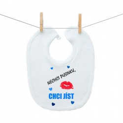 Bryndáček na zapínání Nechci pusinku chci jíst (modrá)