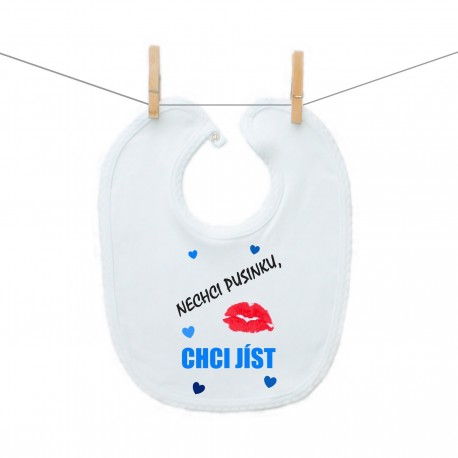 Bryndáček na zapínání Nechci pusinku chci jíst (modrá)