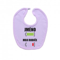 Růžový bryndáček na zapínání Baterie nabitá/vybitá rodiče se jménem
