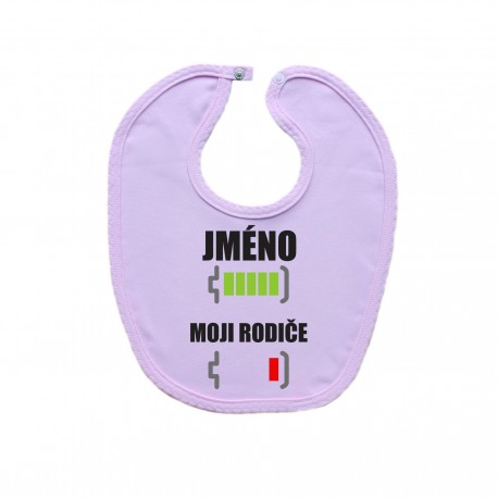 Růžový bryndáček na zapínání Baterie nabitá/vybitá rodiče se jménem Růžový bryndáček na zapínání Baterie nabitá/vybitá rodiče se jménem
