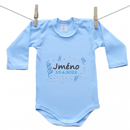 Modré body s dlouhým rukávem Se jménem děťátka a datem (Chlapec)