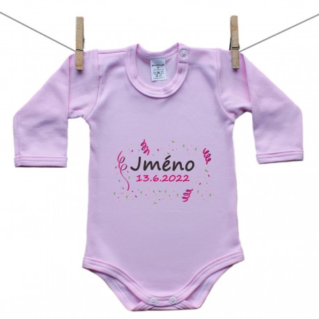 Růžové body s dlouhým rukávem Se jménem děťátka a datem (Dívka)