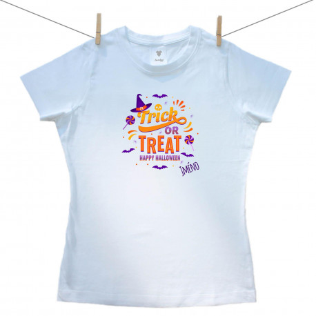 Dámské triko s krátkým rukávem Trick or treat se jménem