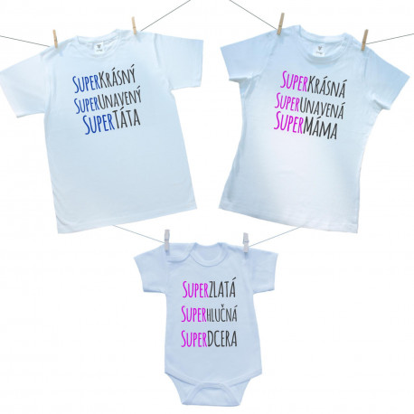 Rodinná sada (body s krátkým rukávem) Super táta, máma, dcera