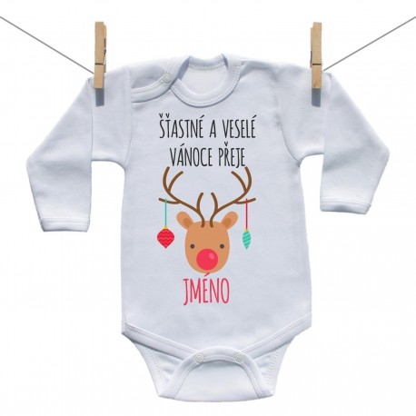 Body s dlouhým rukávem Šťastné a veselé Vánoce přeje se jménem dítěte Dívka Body s dlouhým rukávem Šťastné a veselé Vánoce přeje se jménem dítěte Dívka