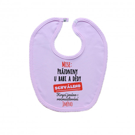 Růžový bryndáček na zapínání Mise: Prázdniny u babi a dědy Růžový bryndáček na zapínání Mise: Prázdniny u babi a dědy