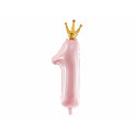 Fóliový balónek Číslo 1, 37x100cm, světle růžový s korunkou