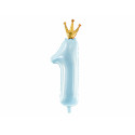 Fóliový balónek číslo 1, 37x100cm, nebesky modrý s korunkou