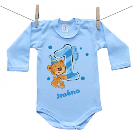 Modré body s dlouhým rukávem Mám 1 rok s medvídkem pro chlapečka