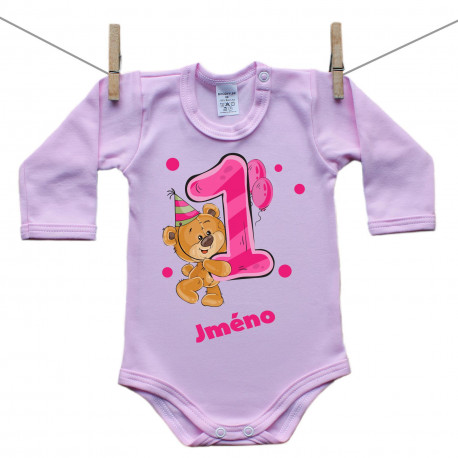 Růžové body s dlouhým rukávem Mám 1 rok s medvídkem pro holčičku