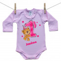 Růžové body s dlouhým rukávem Mám 1 rok s medvídkem pro holčičku