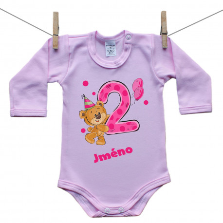 Růžové body s dlouhým rukávem Mám 2 roky s medvídkem pro holčičku