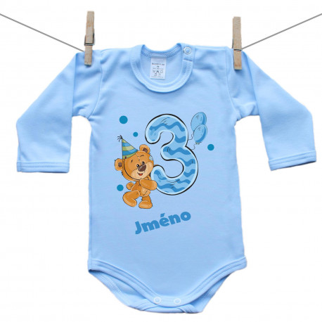 Modré body s dlouhým rukávem Mám 3 roky s medvídkem pro chlapečka