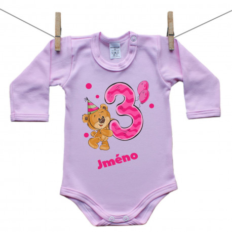 Růžové body s dlouhým rukávem Mám 3 roky s medvídkem pro holčičku