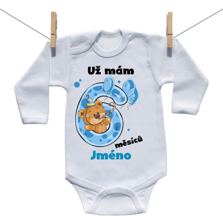 Body s dlouhým rukávem Už mám 6 měsíců s medvídkem a jménem miminka chlapec Body s dlouhým rukávem Už mám 6 měsíců s medvídkem a jménem miminka chlapec