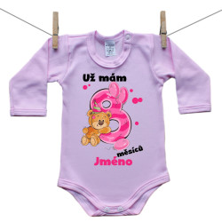 Růžové body s dlouhým rukávem Už mám 8 měsíců s Medvídkem a jménem děťátka Holka