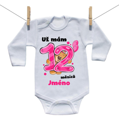 Body s dlouhým rukávem Už mám 12 měsíců s medvídkem a jménem děťátka Holka Body s dlouhým rukávem Už mám 12 měsíců s medvídkem a jménem děťátka Holka