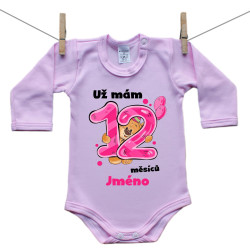 Růžové body s dlouhým rukávem Už mám 12 měsíců s medvídkem a jménem děťátka Holka