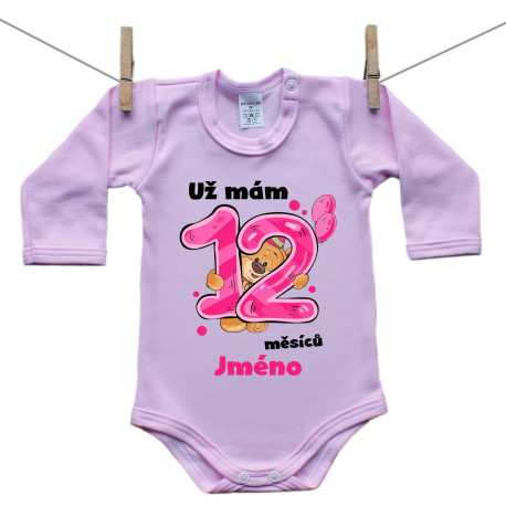 Růžové body s dlouhým rukávem Už mám 12 měsíců s medvídkem a jménem děťátka Holka Růžové body s dlouhým rukávem Už mám 12 měsíců s medvídkem a jménem děťátka Holka