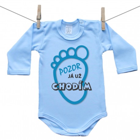 Modré body s dlouhým rukávem Pozor já už chodím Chlapec Modré body s dlouhým rukávem Pozor já už chodím Chlapec