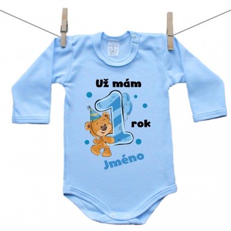 Modré body s dlouhým rukávem Už mám 1 rok s Medvídkem a jménem dítěte Chlapec