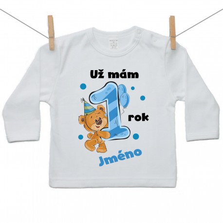 Tričko s dlouhým rukávem Už mám 1 rok s Medvídkem a jménem dítěte Chlapec Tričko s dlouhým rukávem Už mám 1 rok s Medvídkem a jménem dítěte Chlapec