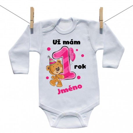 Body s dlouhým rukávem Už mám 1 rok s Medvídkem a jménem dítěte Dívka