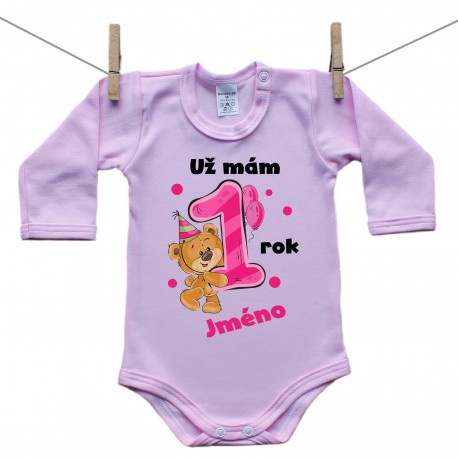 Růžové body s dlouhým rukávem Už mám 1 rok s Medvídkem a jménem dítěte Dívka