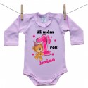 Růžové body s dlouhým rukávem Už mám 1 rok s Medvídkem a jménem dítěte Dívka