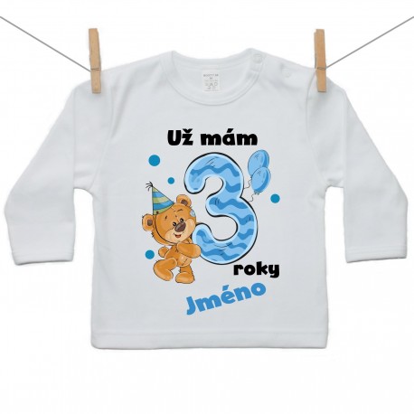 Tričko s dlouhým rukávem Už mám 3 roky s Medvídkem a jménem dítěte Chlapec Tričko s dlouhým rukávem Už mám 3 roky s Medvídkem a jménem dítěte Chlapec