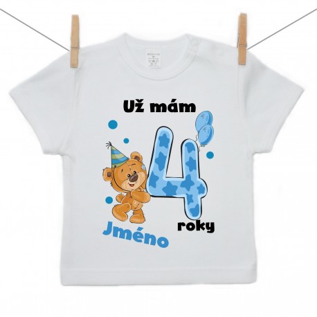 Tričko s krátkým rukávem Už mám 4 roky s Medvídkem a jménem dítěte Chlapec