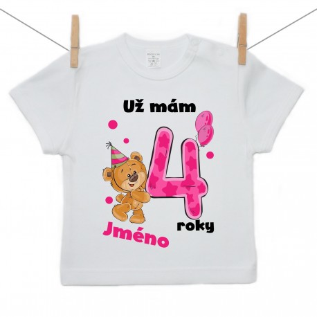 Tričko s krátkým rukávem Už mám 4 roky s Medvídkem a jménem dítěte Dívka
