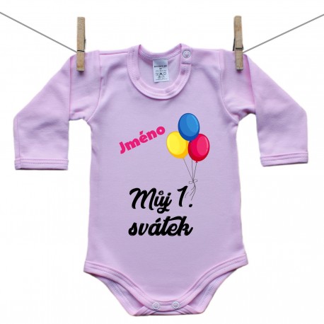 Růžové body s dlouhým rukávem Můj 1. svátek se jménem dítěte Medvídek Dívka
