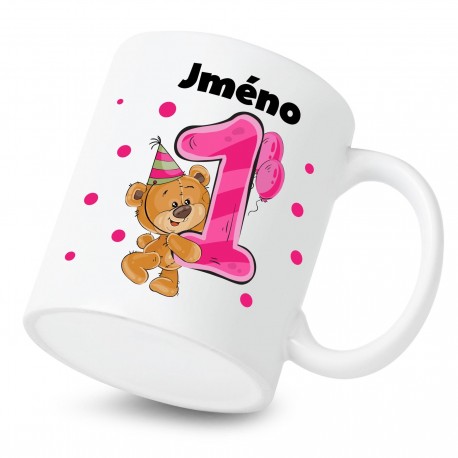 Hrnek Mám 1 rok s Medvídkem a jménem dítěte Dívka
