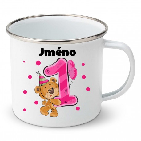 Smaltovaný hrnek Mám 1 rok s Medvídkem a jménem dítěte Dívka